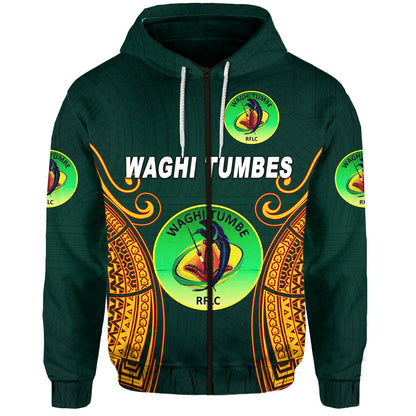 Custom Text Papua New Guinea Waghi Tumbes Hoodie Personalised Rugby Green Zip Up Hoodie