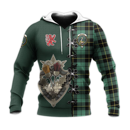 Printivon Wallace Hunting Ancient Tartan Hoodie Lion Rampant And Celtic Thistle Style