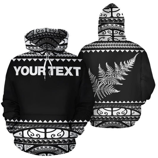 Custom Text New Zealand Maori Hoodie, Aotearoa Silver Fern Pullover Hoodie White Customized