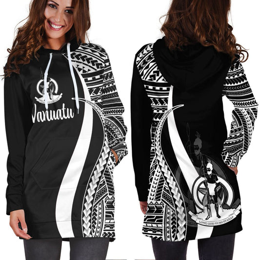 Vanuatu Women's Hoodie Dress White Polynesian Tentacle Tribal Pattern