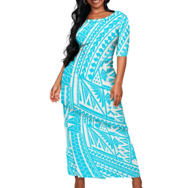 Blue Polynesian Tribal Pattern Matching Outfit For Couple Puletasi Dress Man Shirt Party Set