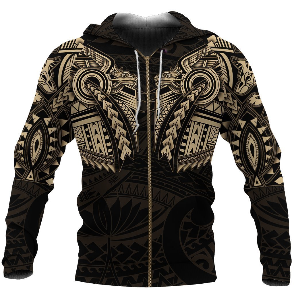New Zealand Zip Up Hoodie, Maori Tattoo Wolf Dragon Zipper Hoodie Gold