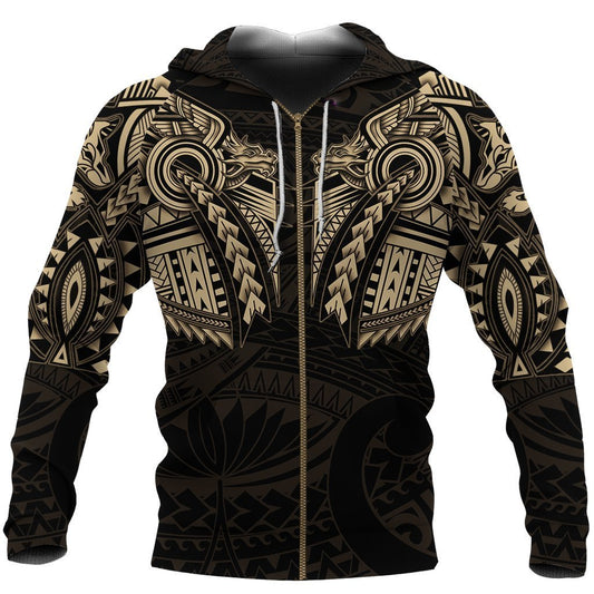 New Zealand Zip Up Hoodie, Maori Tattoo Wolf Dragon Zipper Hoodie Gold