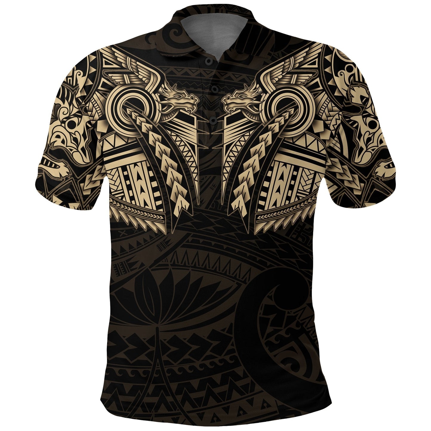 New Zealand Polo Shirt, Maori Tattoo Wolf Dragon Golf Shirt - Gold