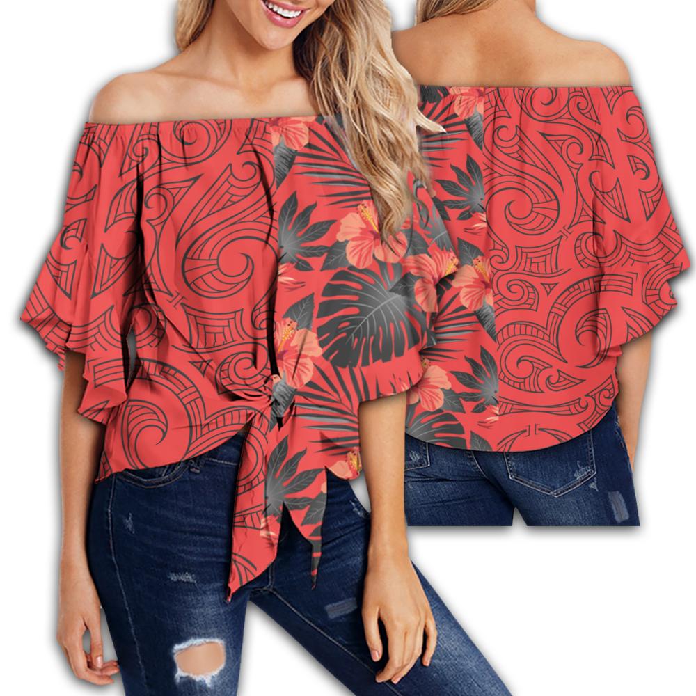 Hawaii Hibiscus Polynesian Women's Off Shoulder Wrap Waist Top - Melio Style - AH