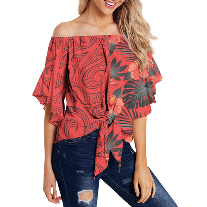 Hawaii Hibiscus Polynesian Women's Off Shoulder Wrap Waist Top - Melio Style - AH