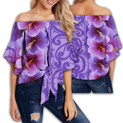 Hawaii Hibiscus Flower Polynesian Women's Off Shoulder Wrap Waist Top - Curtis Style - Purple - AH