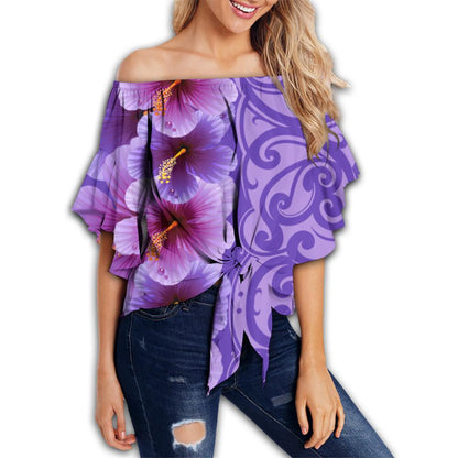 Hawaii Hibiscus Flower Polynesian Women's Off Shoulder Wrap Waist Top - Curtis Style - Purple - AH