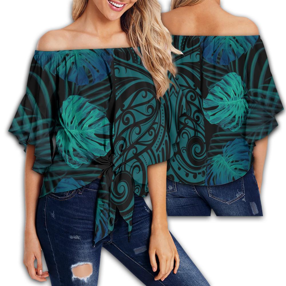 Hawaii Monsteria Leaves Polynesian Women's Off Shoulder Wrap Waist Top - Melio Style - AH