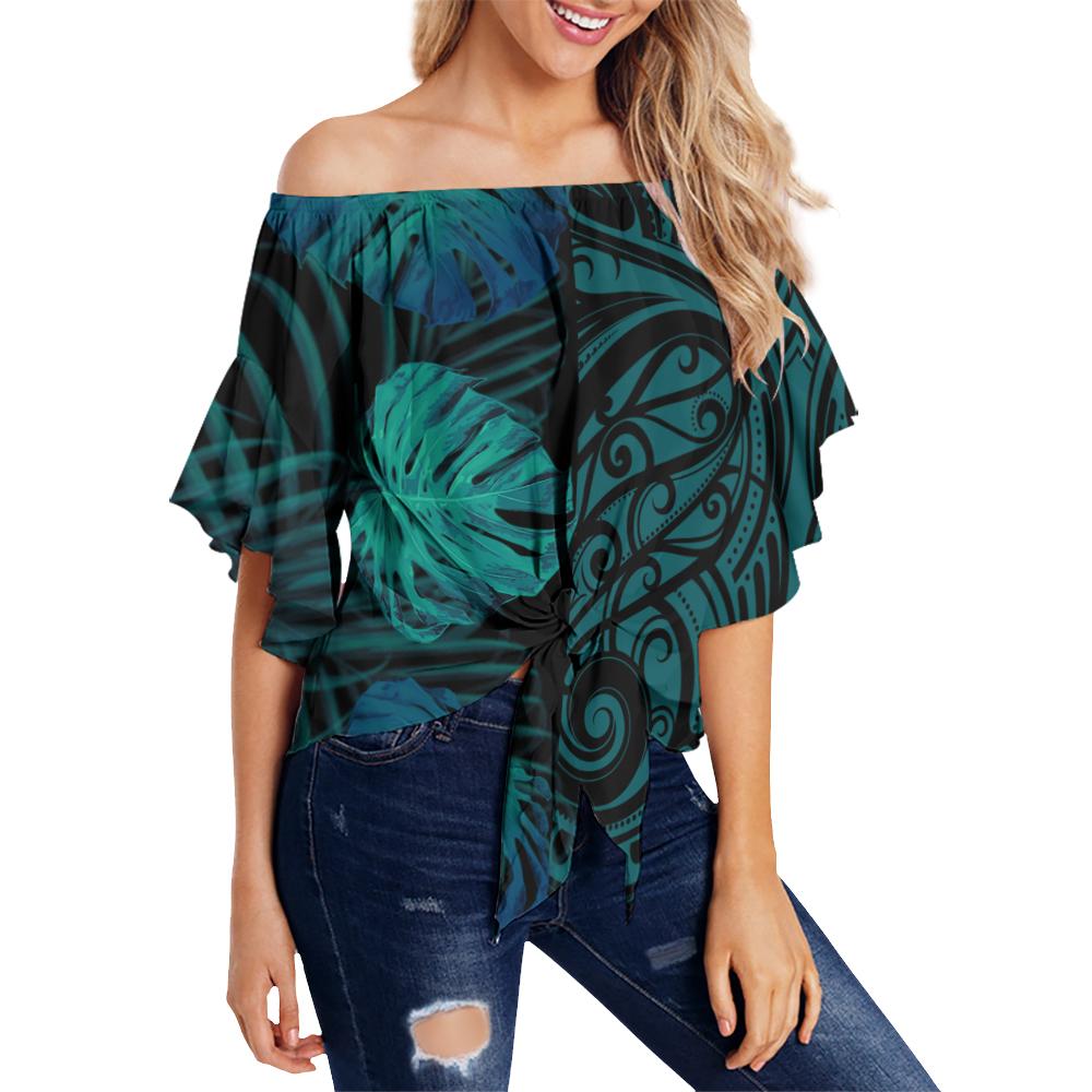 Hawaii Monsteria Leaves Polynesian Women's Off Shoulder Wrap Waist Top - Melio Style - AH