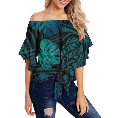 Hawaii Monsteria Leaves Polynesian Women's Off Shoulder Wrap Waist Top - Melio Style - AH