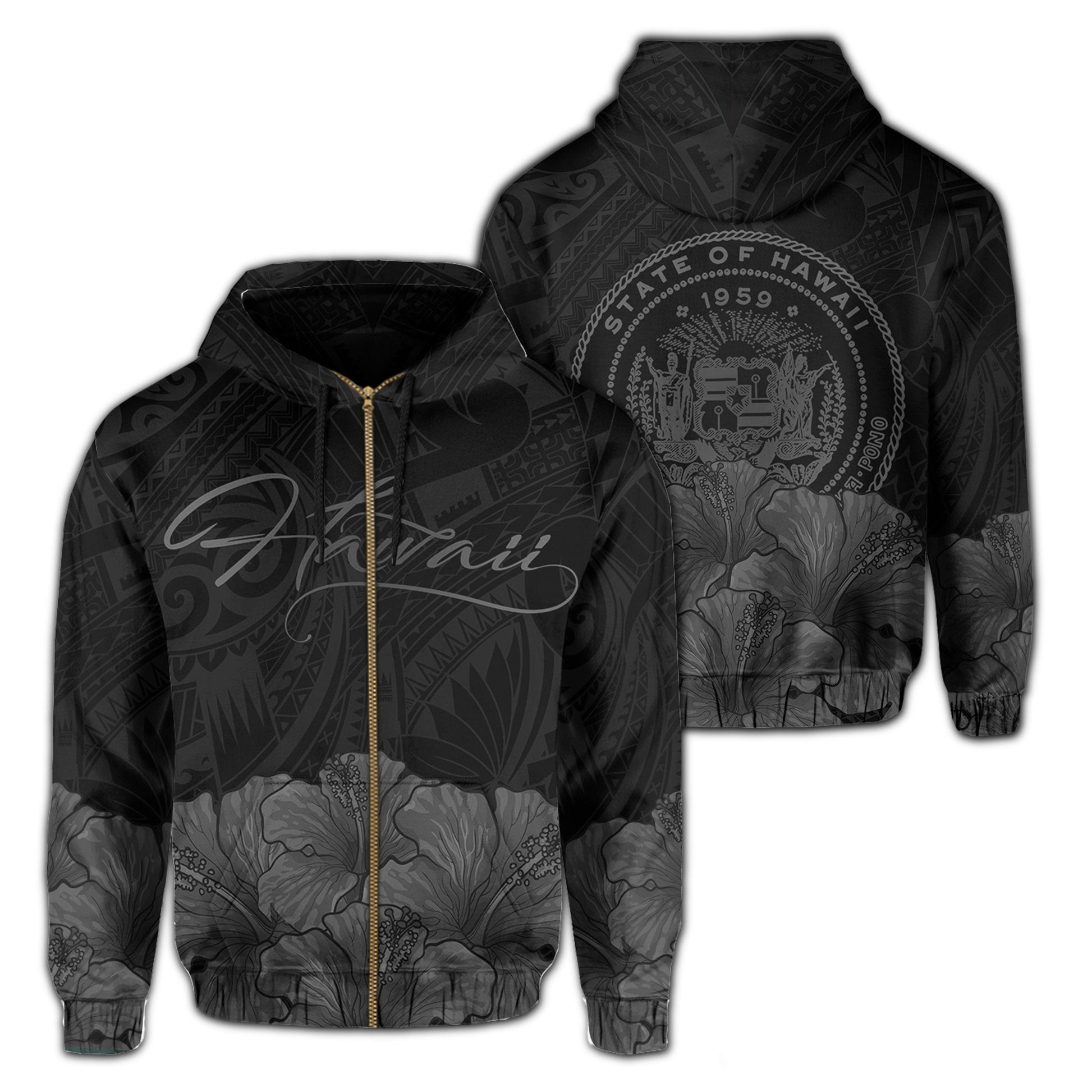Polynesian Hibiscus Seal Of Hawaii Zip Hoodie Gray
