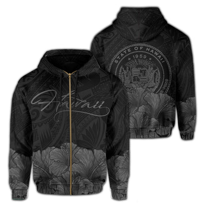 Polynesian Hibiscus Seal Of Hawaii Zip Hoodie Gray