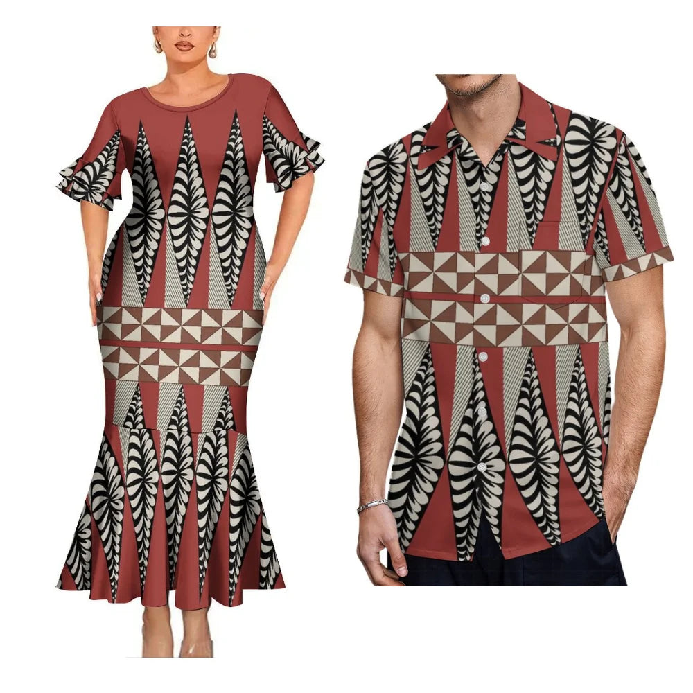 Polynesian Tribal Pattern Matching Outfit For Coupler Party Island Fishtail Dress And Hawaiian Shirt For Him Her