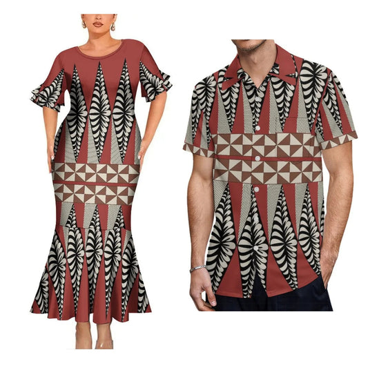 Polynesian Tribal Pattern Matching Outfit For Coupler Party Island Fishtail Dress And Hawaiian Shirt For Him Her