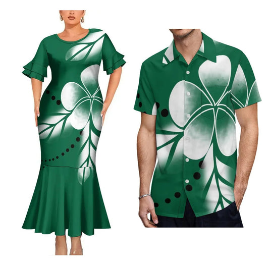 Green Polynesian Flowers Pattern Traditional Matching Outfit For Coupler Party Island Fishtail Dress And Hawaiian Shirt For Him Her