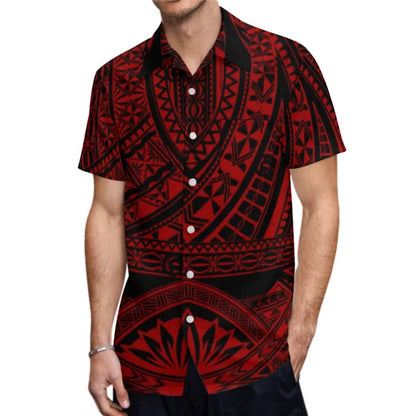 Red Polynesian Pattern Party Matching Outfit For Couple Clothing Tropical Fishtail Dress And Hawaiian Shirt