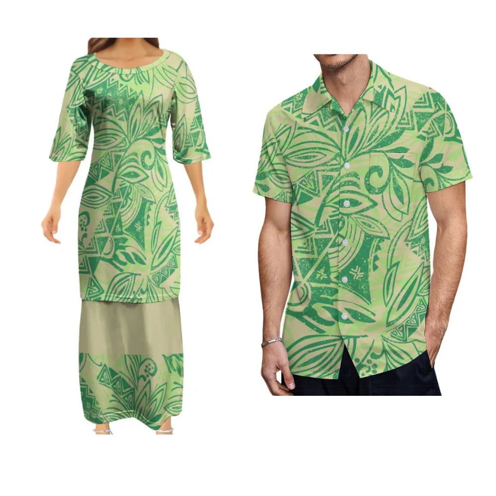 Samoan Dress Polynesian Tribal Green Woman Puletasi Suit Dress Hawaiian Man Formal Shirt Summer Couple Set