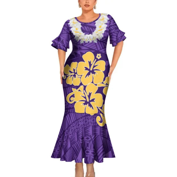 Polynesian Tribal Hibiscus Flowers Necklace Pattern Couple Clothing Purple Tropical Fishtail Dress And Hawaiian Shirt Matching Outfit For Couple