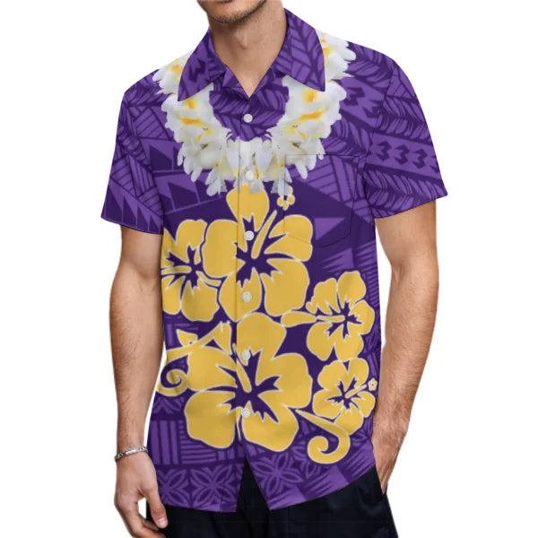 Polynesian Tribal Hibiscus Flowers Necklace Pattern Couple Clothing Purple Tropical Fishtail Dress And Hawaiian Shirt Matching Outfit For Couple