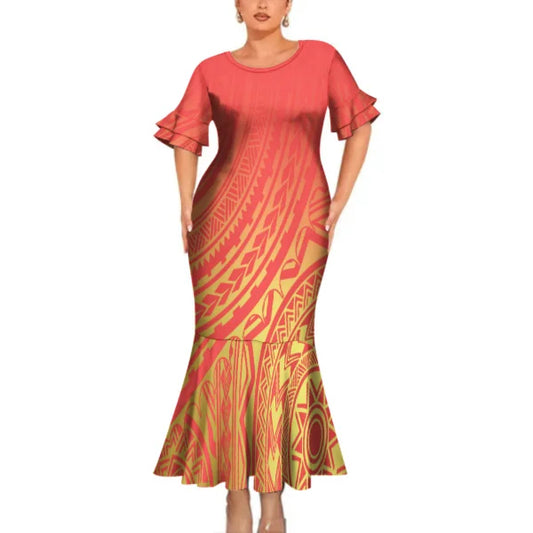 Polynesian Tribal Pattern Orange Couples Matching Outfit Fishtail Skirt Dress And Shirt For Her Him
