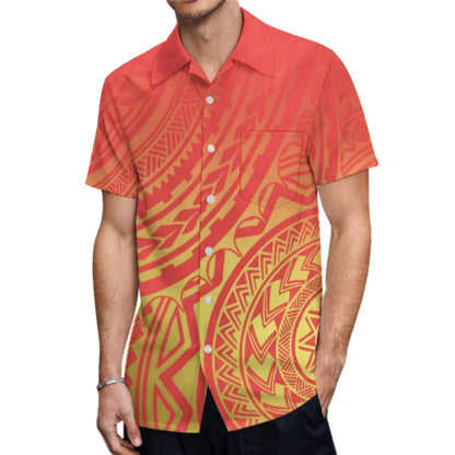 Polynesian Tribal Pattern Orange Couples Matching Outfit Fishtail Skirt Dress And Shirt For Her Him