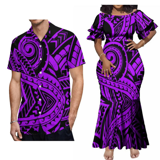 Polynesian Tropical Purple Party Matching Outfit For Couple Island Fishtail Dress And Hawaiian Shirt