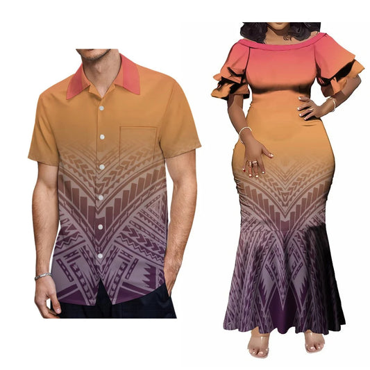 Polynesian Tribal Samoan Pattern Couple Set For Her Him Tropical Short-Sleeved Fishtail Dress And Hawaiian Shirt