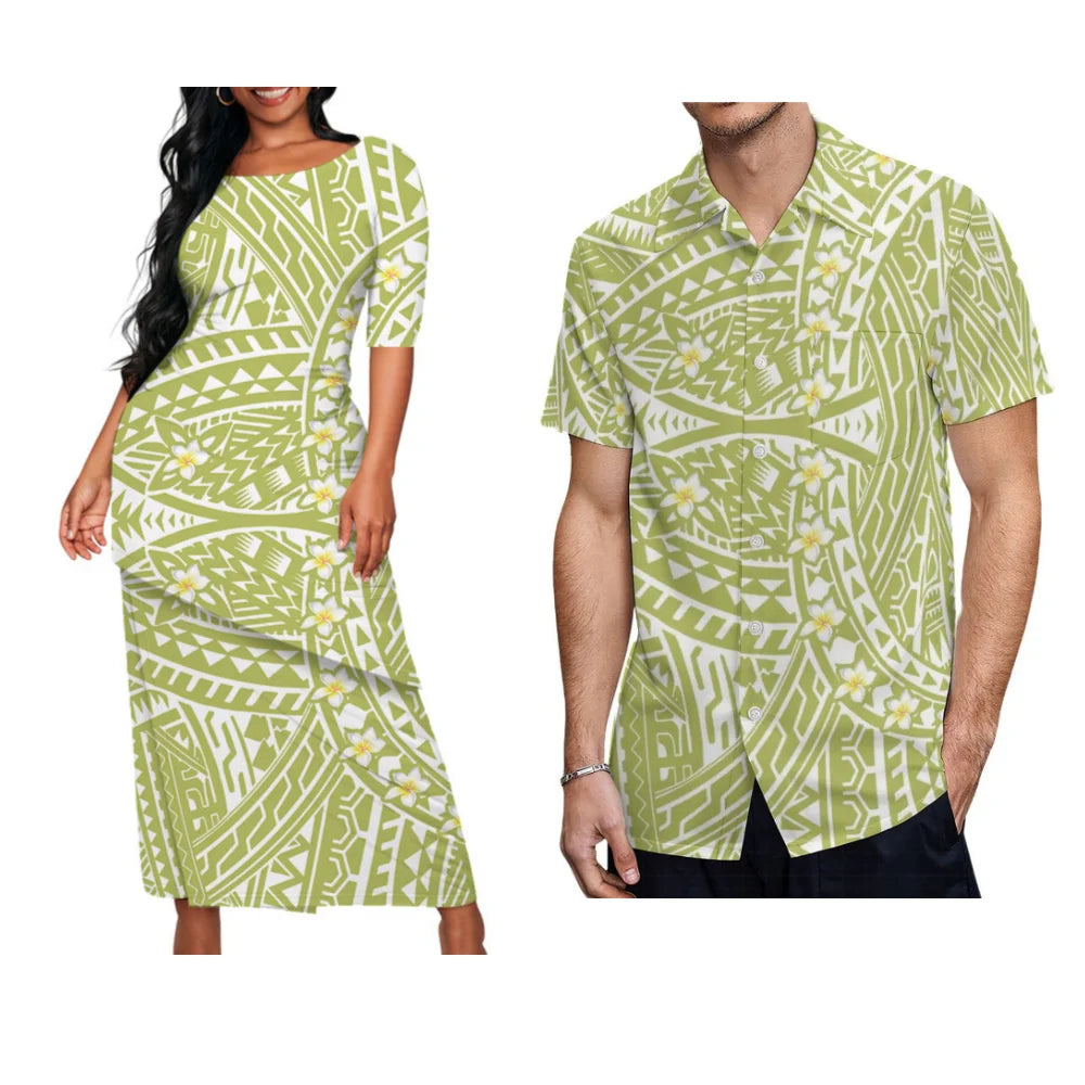 Plumeria Flowers Polynesian Island Pink Matching Outfit For Couple Curve Style Women Puletasi Men's Shirt For Him Her