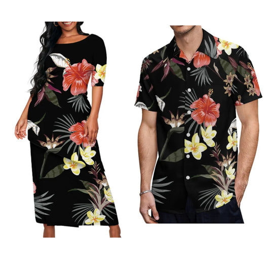 Tropical Hibiscus Flowers Polynesian Island Matching Outfit For Couple Women Puletasi Men's Shirt For Him Her