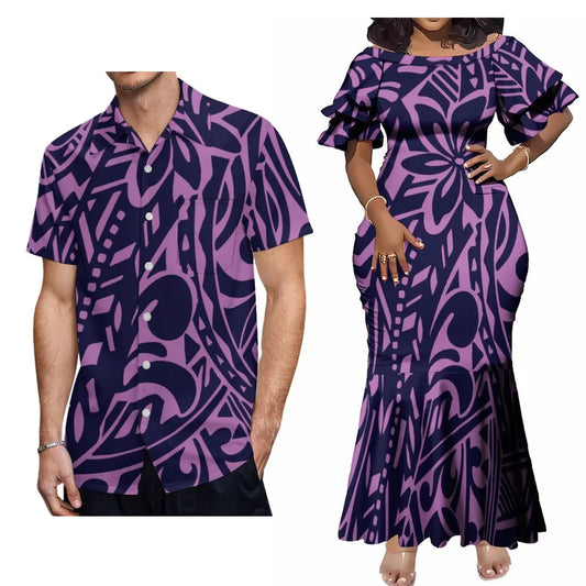 Polynesian Pattern Purple Party Fishtail Skirt Dress And Shirt Polynesian Tribal Island Matching Outfit For Couple