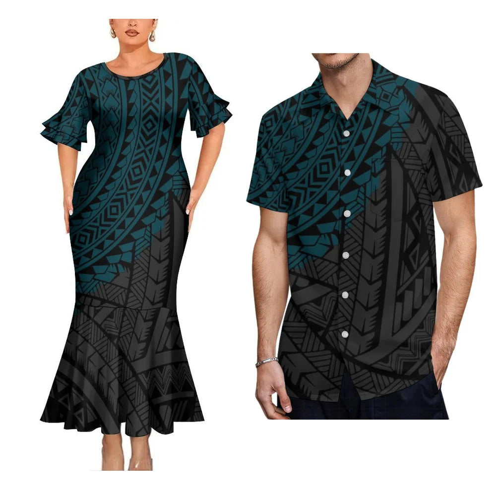 Polynesian Tribal Pattern Black Matching Clothes For Couple Fishtail Skirt Dress And Hawaii Shirt Couple Outfit