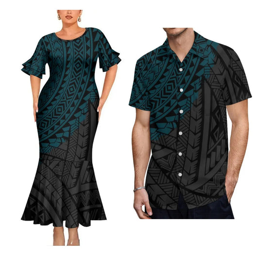 Polynesian Tribal Pattern Black Matching Clothes For Couple Fishtail Skirt Dress And Hawaii Shirt Couple Outfit