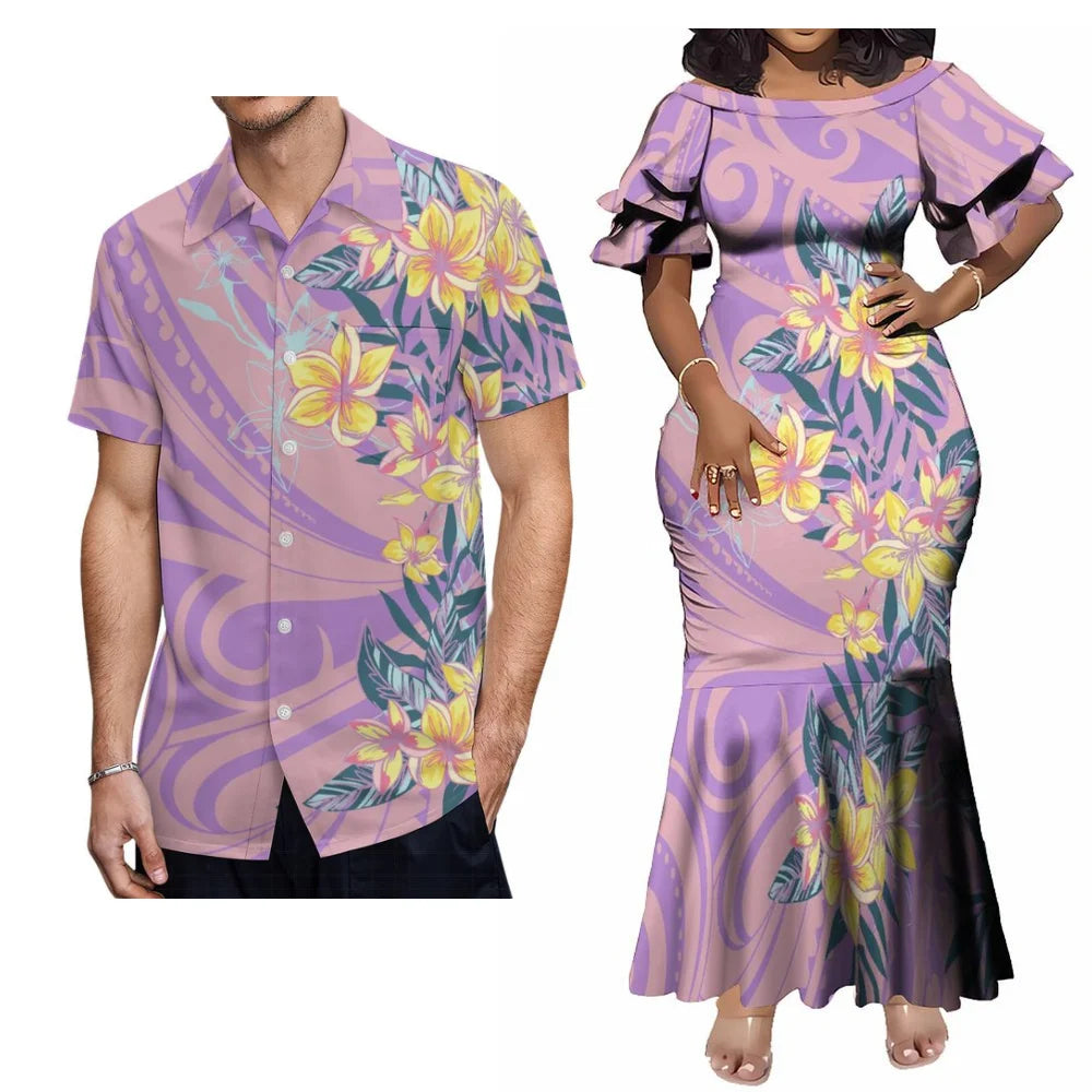 Polynesian Flowers Tropical Pattern Printed Matching Outfit For Couple Women's Short-Sleeved Mermaid Long Dress Men Hawaii Shirt