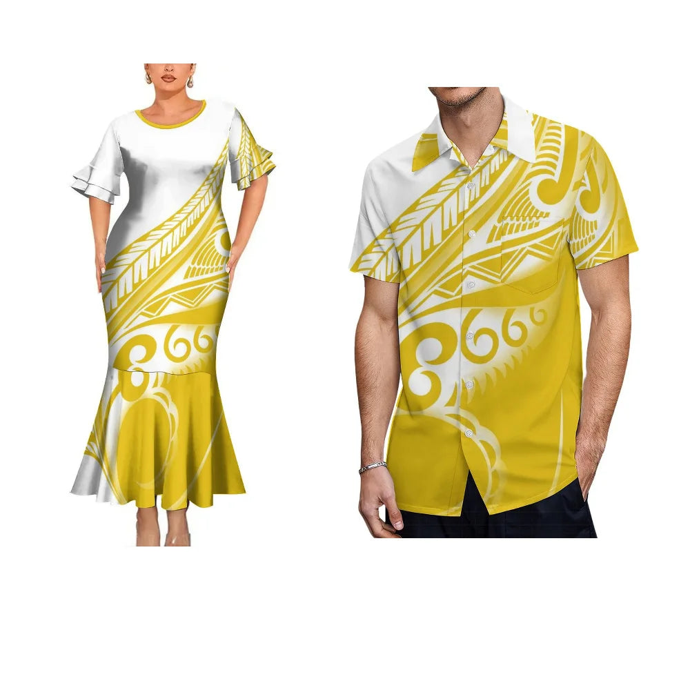 Polynesian Tribal Yellow Matching Outfit For Her Him Fishtail Skirt Dress And Hawaiian Shirt Couple Set