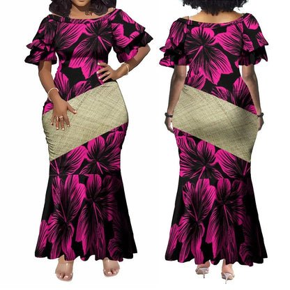 Polynesian Traditional Printed Island Flowers Pink Fishtail Dress And Hawaiian Shirt Matching Outfit For Couple Set For Him Her
