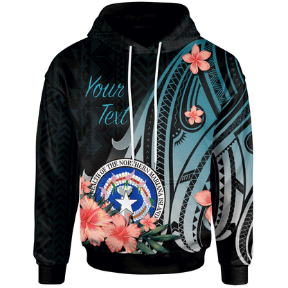 Custom Text Northern Mariana Islands Personalised Custom Hoodie Turquoise Polynesian Hibiscus Pattern Style