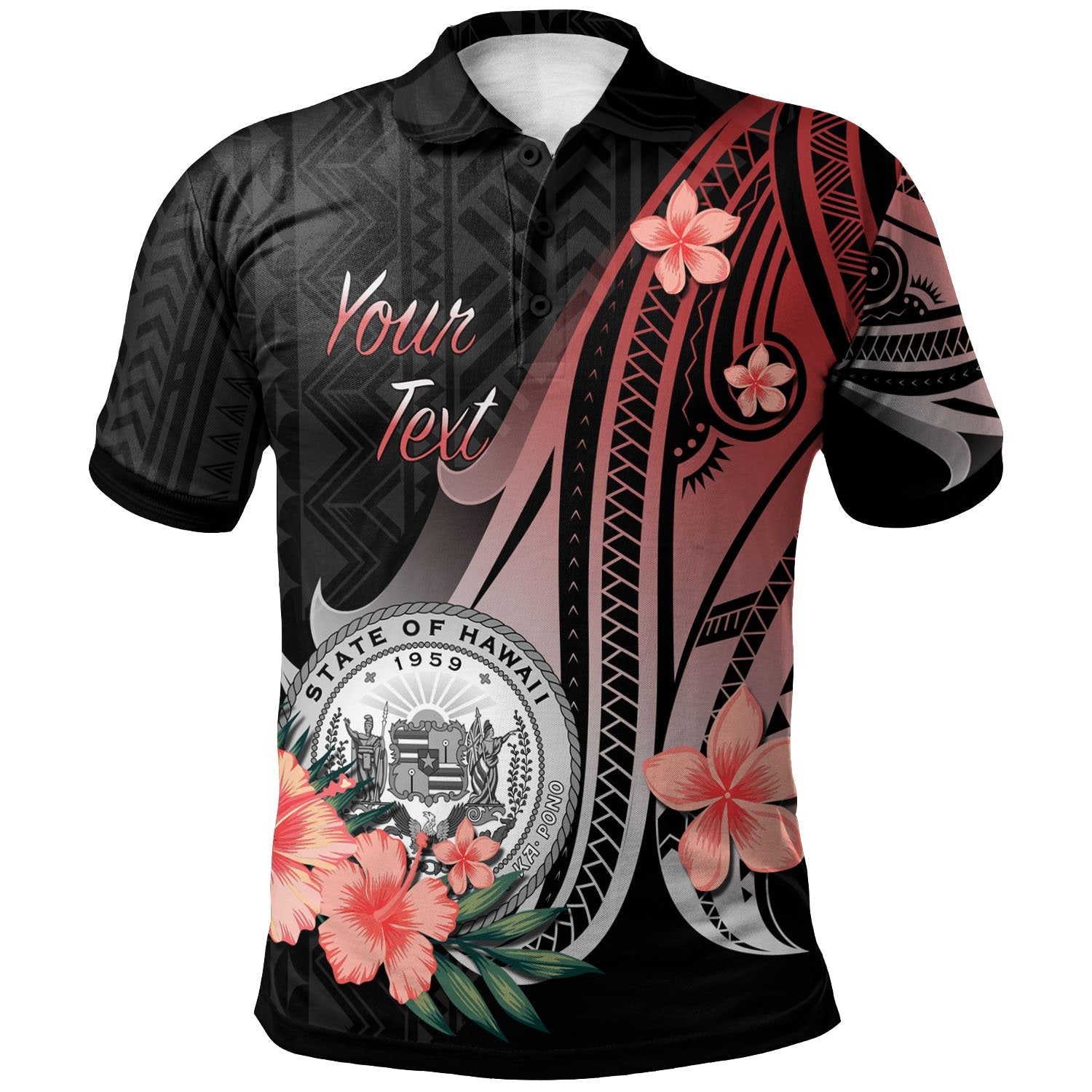 Hawaii Personalised Custom Polo Shirt - Red Polynesian Hibiscus Pattern Style