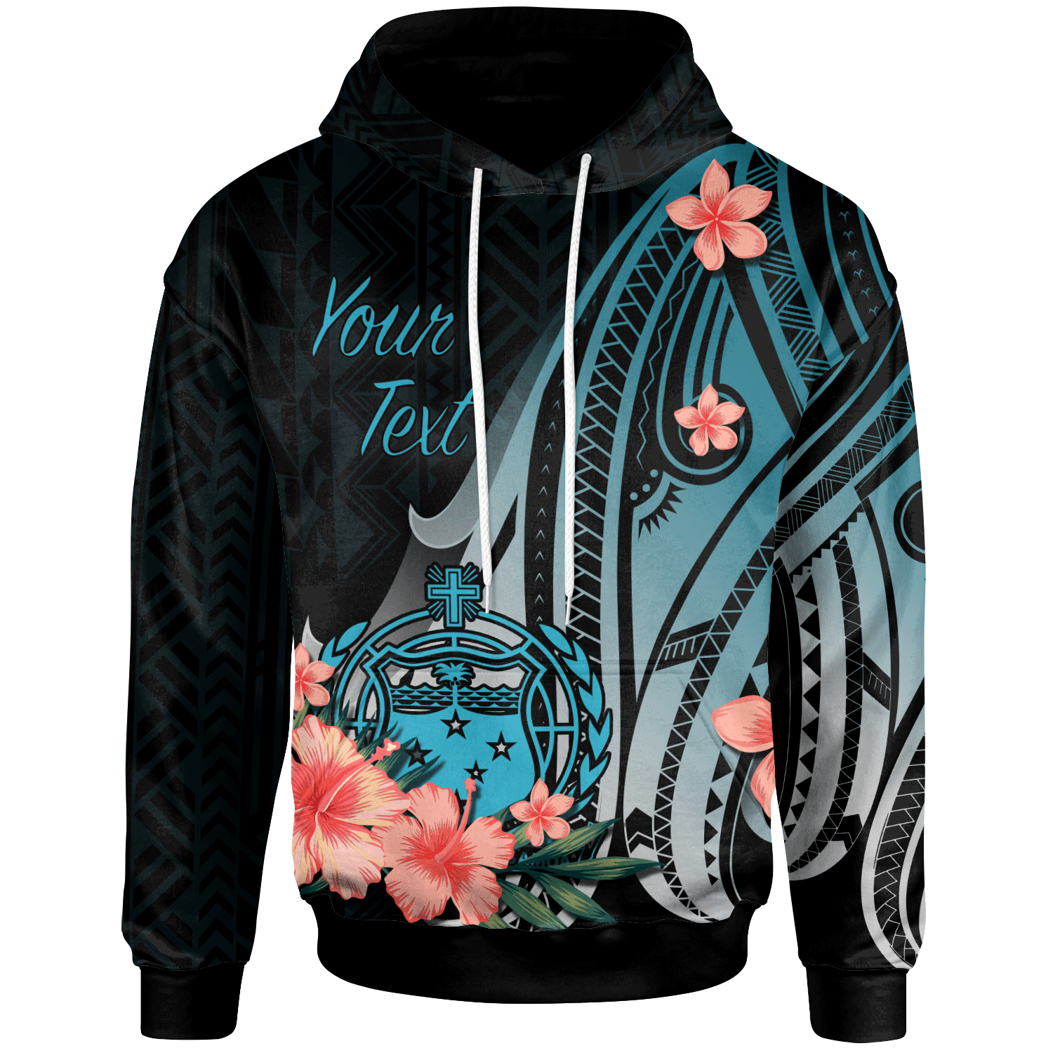 Custom Text Samoa Personalised Custom Hoodie Turquoise Polynesian Hibiscus Pattern Style