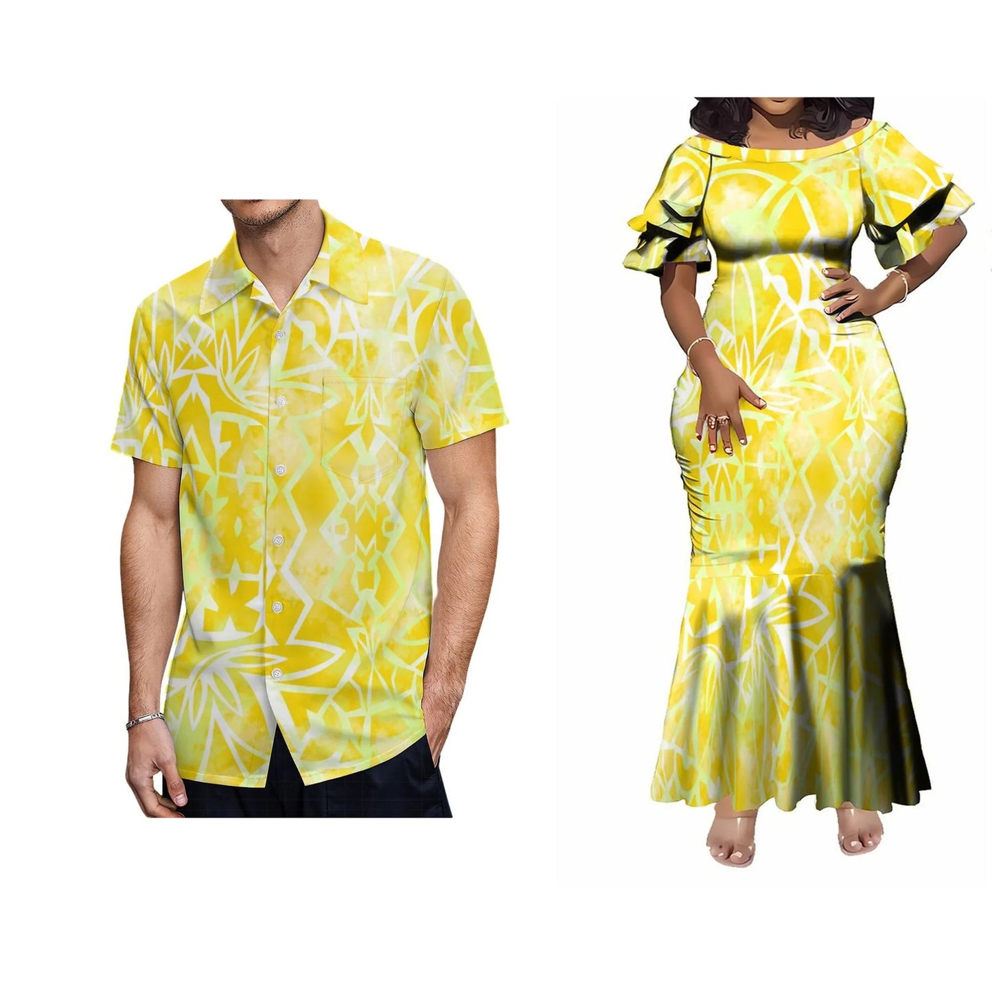 Polynesian Tribal Pattern Yellow Couple Matching Outfit For Her Him Fishtail Skirt Dress And Shirt