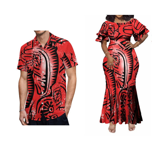 Polynesian Tribal Pattern Red Couple Matching Outfit For Her Him Fishtail Skirt Dress And Shirt