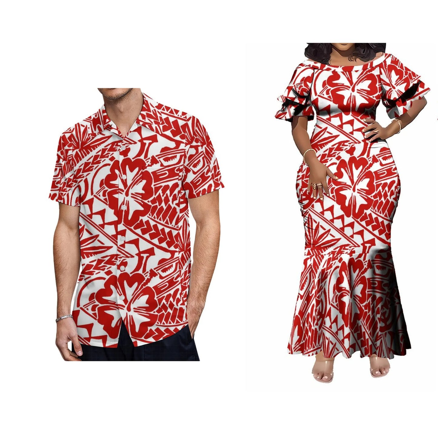 Polynesian Tribal Flowers Pattern Red Couple Matching Outfit For Her Him Fishtail Skirt Dress And Shirt