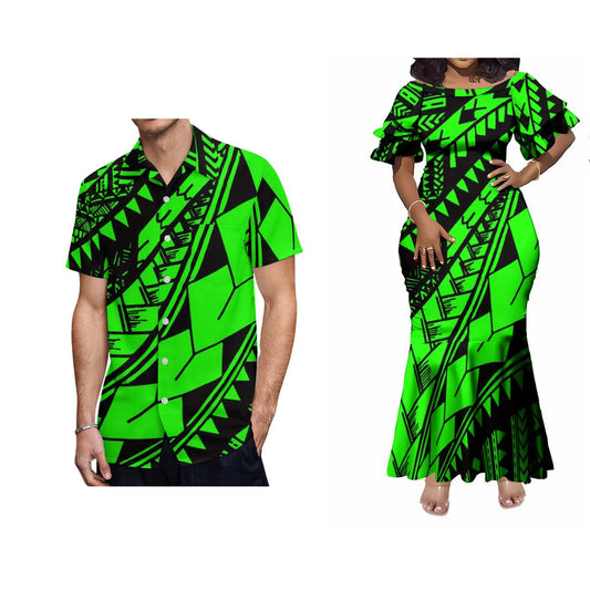 Green Polynesian Tribal Pattern Couple Matching Outfit For Her Him Fishtail Skirt Dress And Shirt