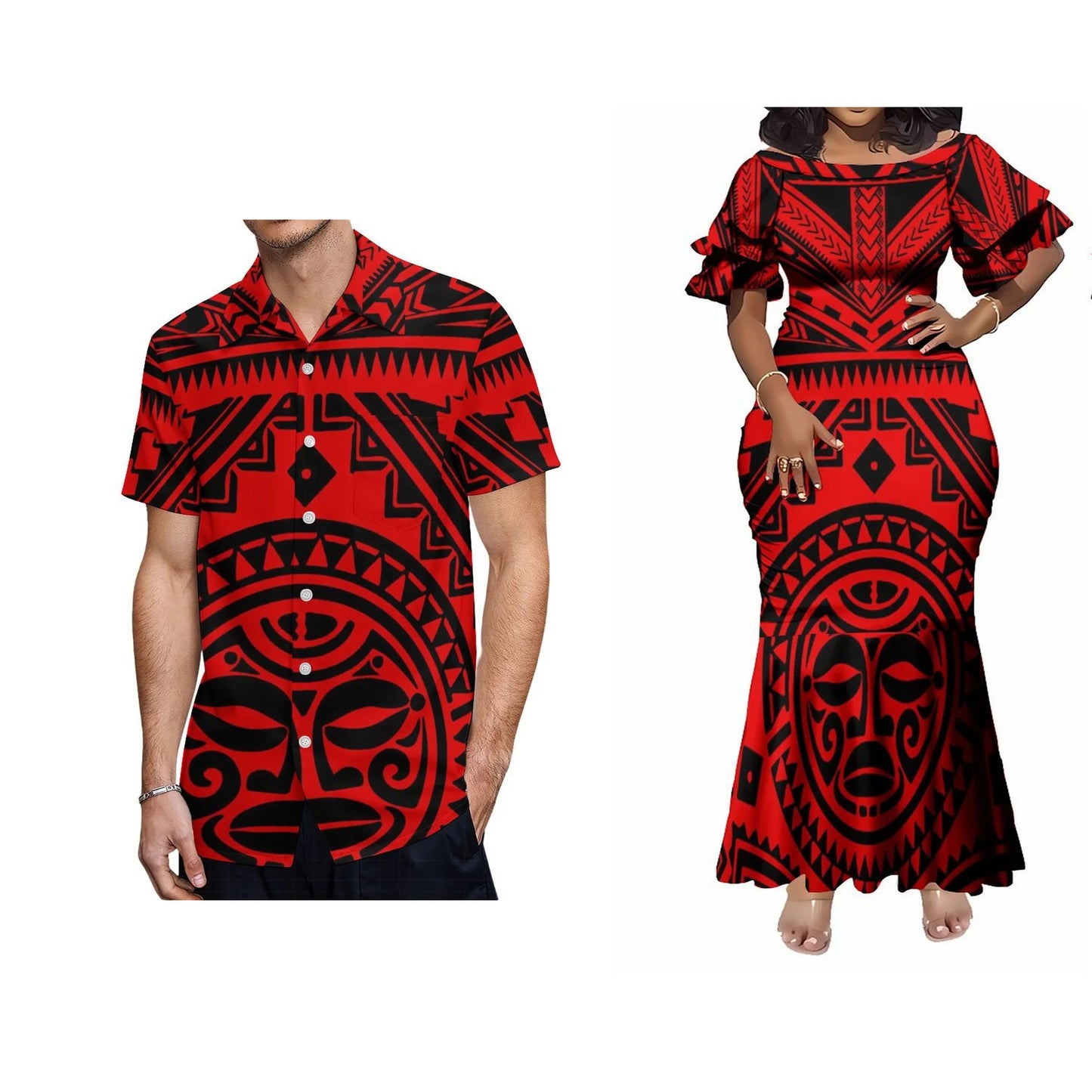 Pacific Island Art Mask Pattern Polynesian Tribal Couple Matching Outfit For Her Him Fishtail Skirt Dress And Shirt