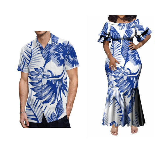 Polynesian Flowers Pattern White Couple Matching Outfit For Her Him Fishtail Skirt Dress And Shirt