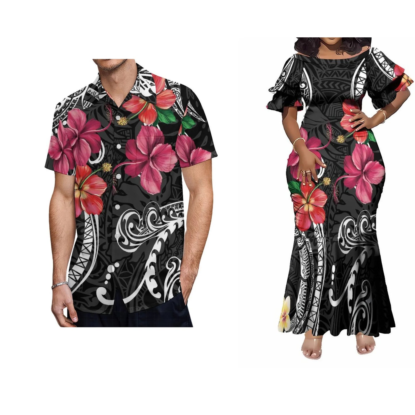 Polynesian Tribal Tropical Printed Matching Outfit For Her Him Hibiscus Flowers Island Fishtail Skirt Dress And Shirt