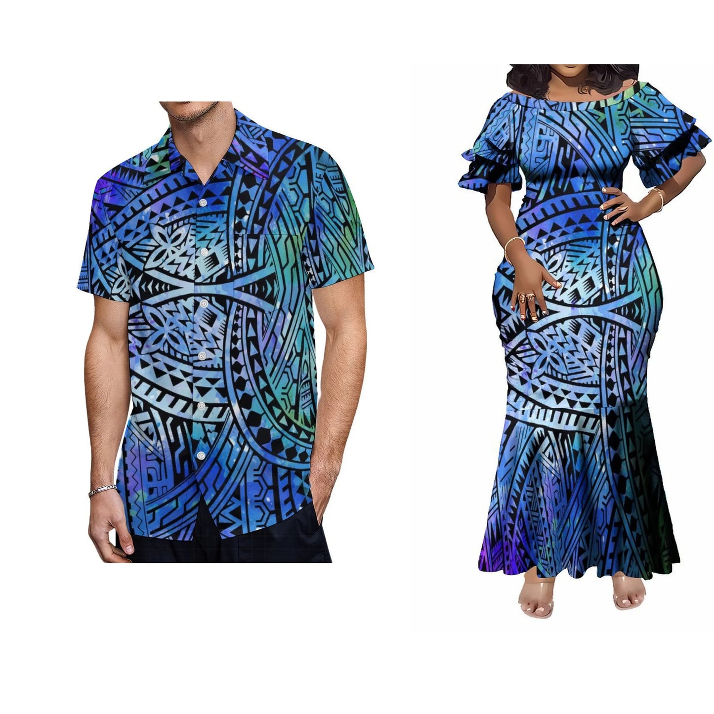 Polynesian Tribal Tropical Printed Matching Outfit For Her Him Fishtail Skirt Dress And Shirt