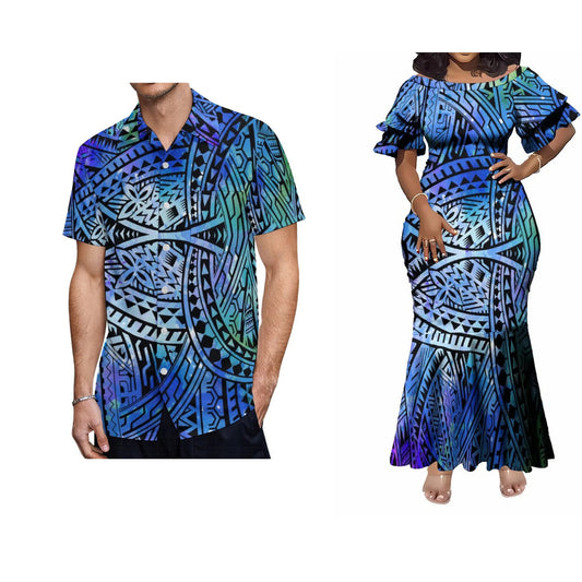 Polynesian Tribal Tropical Printed Matching Outfit For Her Him Fishtail Skirt Dress And Shirt