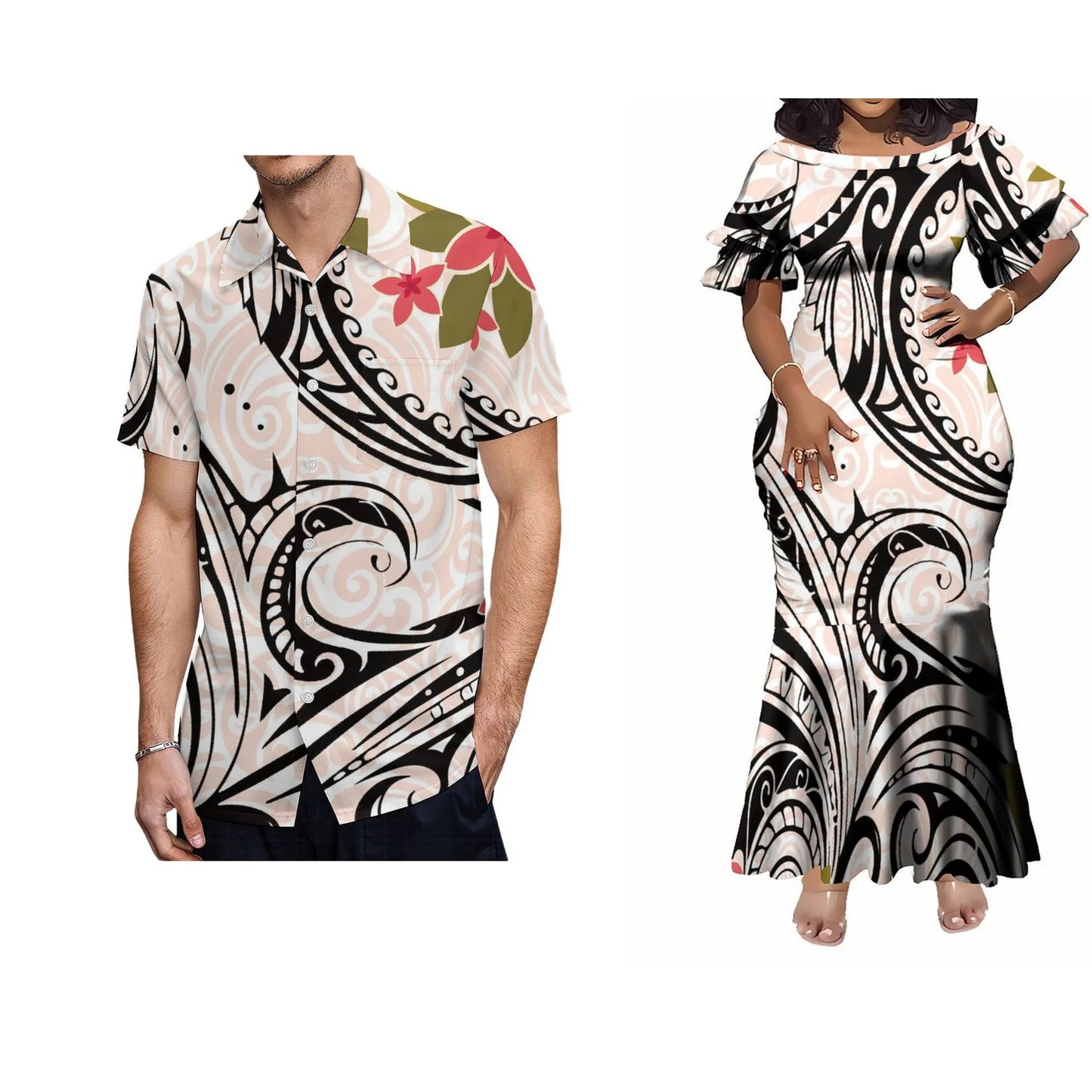 Polynesian Tribal Pattern Matching Outfit For Her Him Island Fishtail Skirt Dress And Shirt