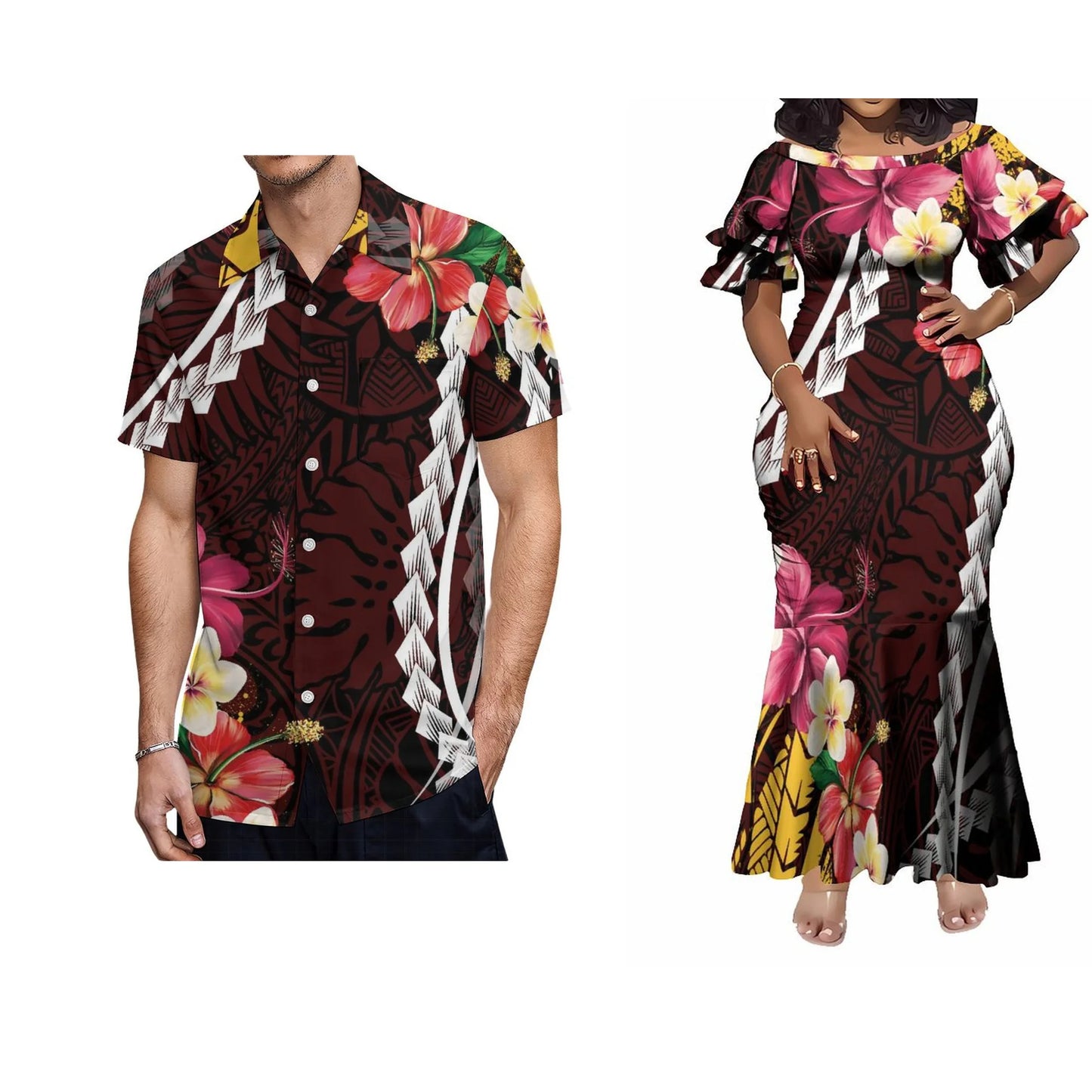 Polynesian Tribal Flowers Pattern Matching Outfit For Her Him Island Fishtail Skirt Dress And Shirt